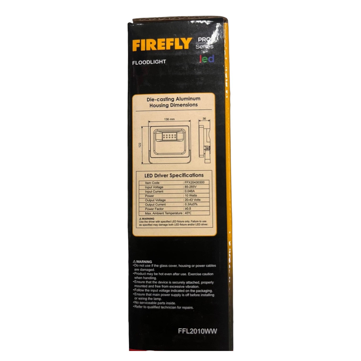 Firefly Pro Series LED floodlight packaging on a white background