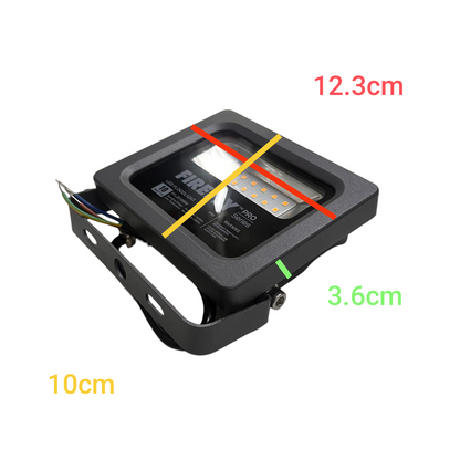 Black electronic component with measurements on a white background