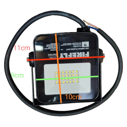 LED flood light with dimensions marked on a white background
