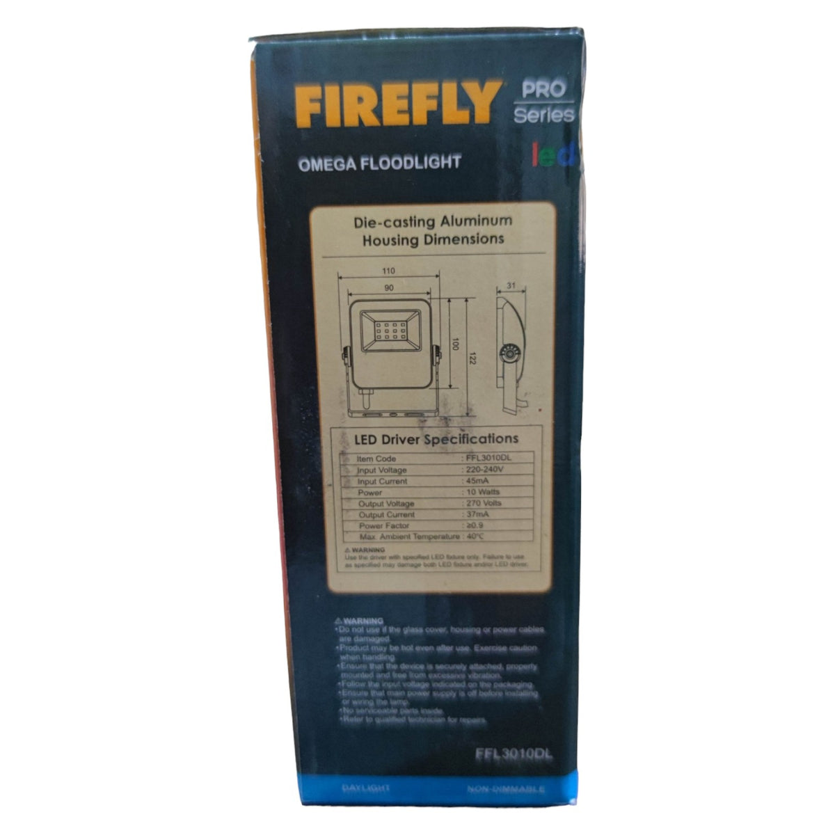 Box for Firefly Pro Omega Floodlight with technical details on a white background