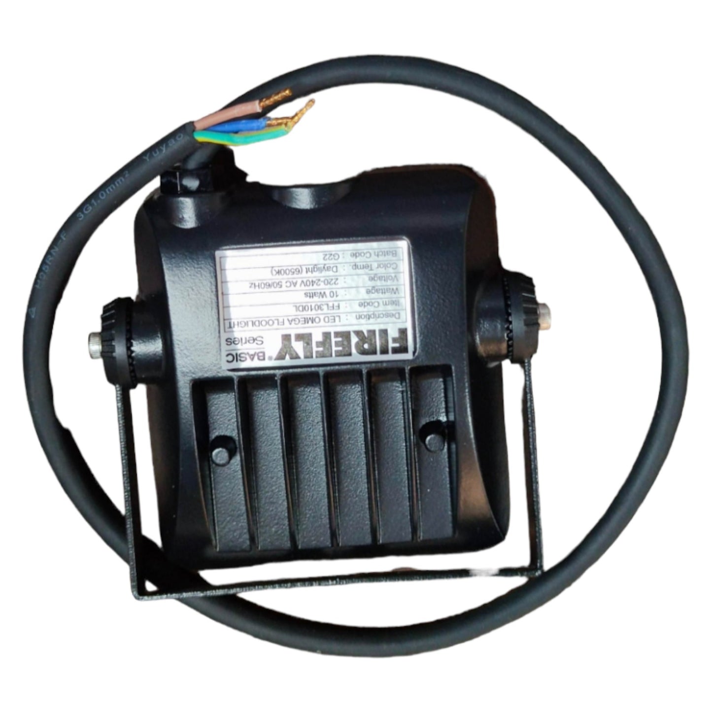 Black electrical component with visible branding on a white background