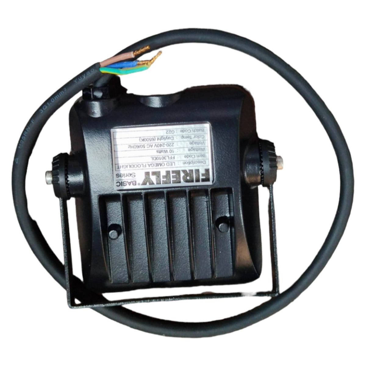 Black electrical component with visible branding on a white background