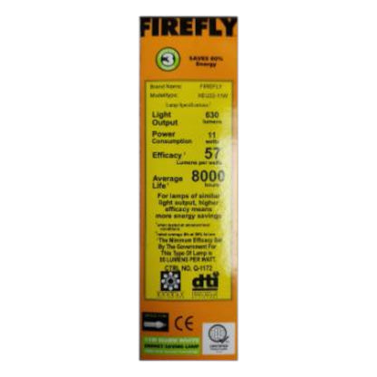 Firefly light bulb packaging with specifications on a white background Firefly 11W Warm White 3000K CFL E27 220V 2U XEU22-11WWW Electx Electrical Supply