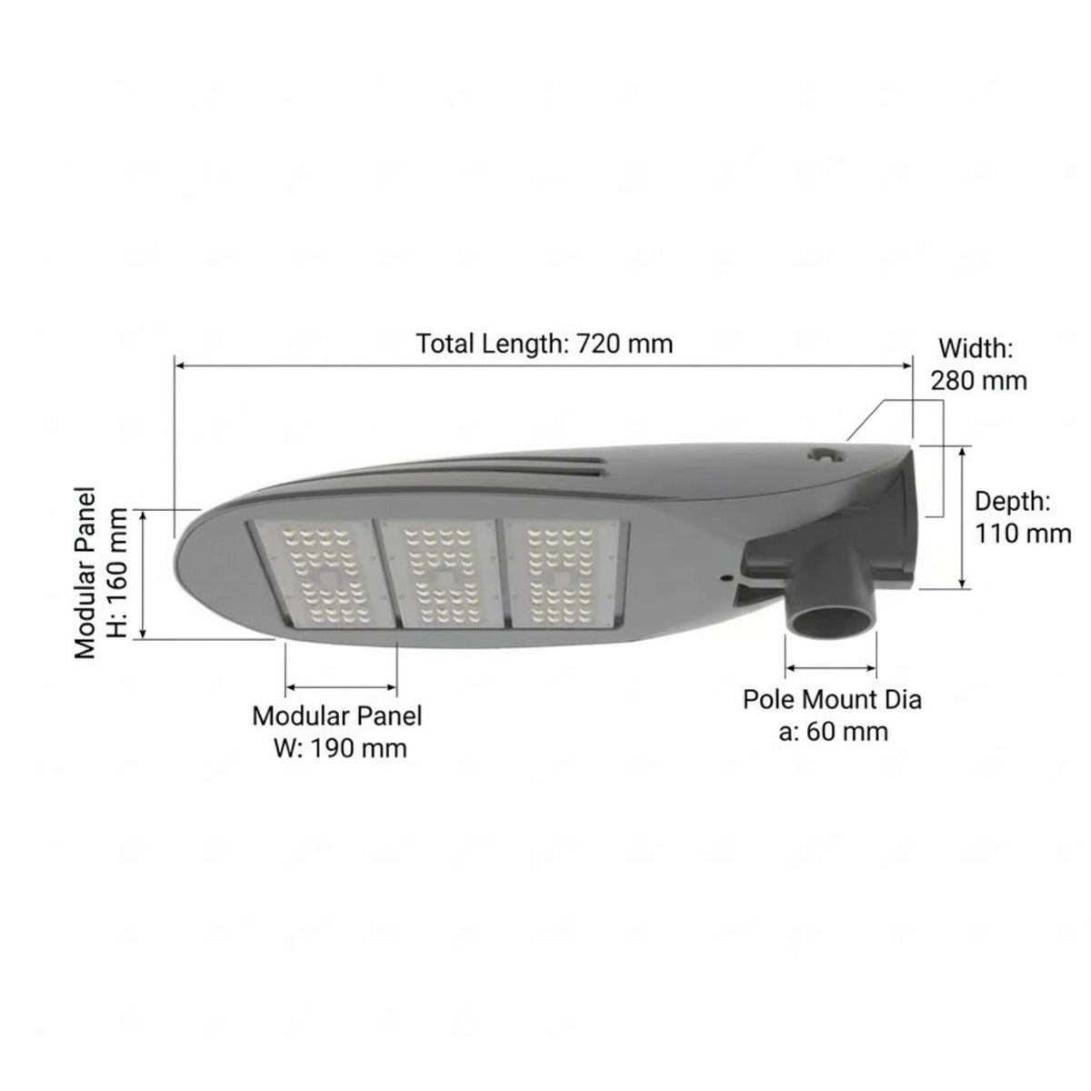 Technical dimension diagram of a modern modular LED street light on a plain white background, showing measurements for total length, width, depth, module panel dimensions, and pole mount diameter.