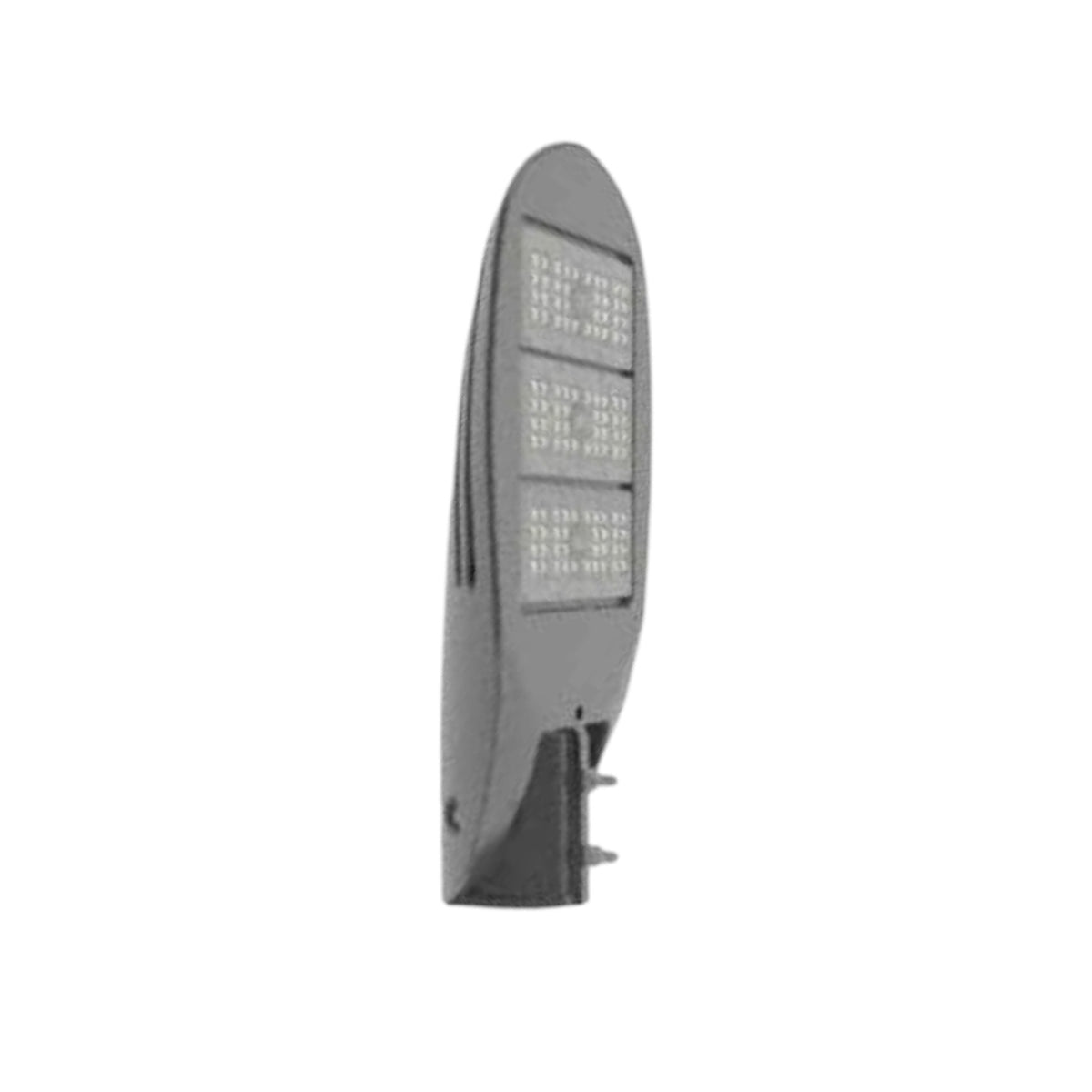 A modern outdoor LED street light fixture with a sleek, curved dark gray housing and multiple rows of LED chips on the front face, isolated on a white background.
