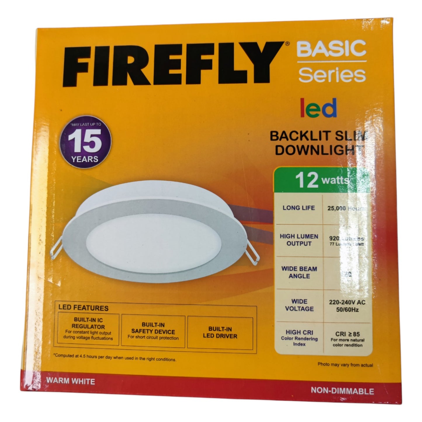 Firefly Basic Series LED backlit slim downlight packaging on a white background