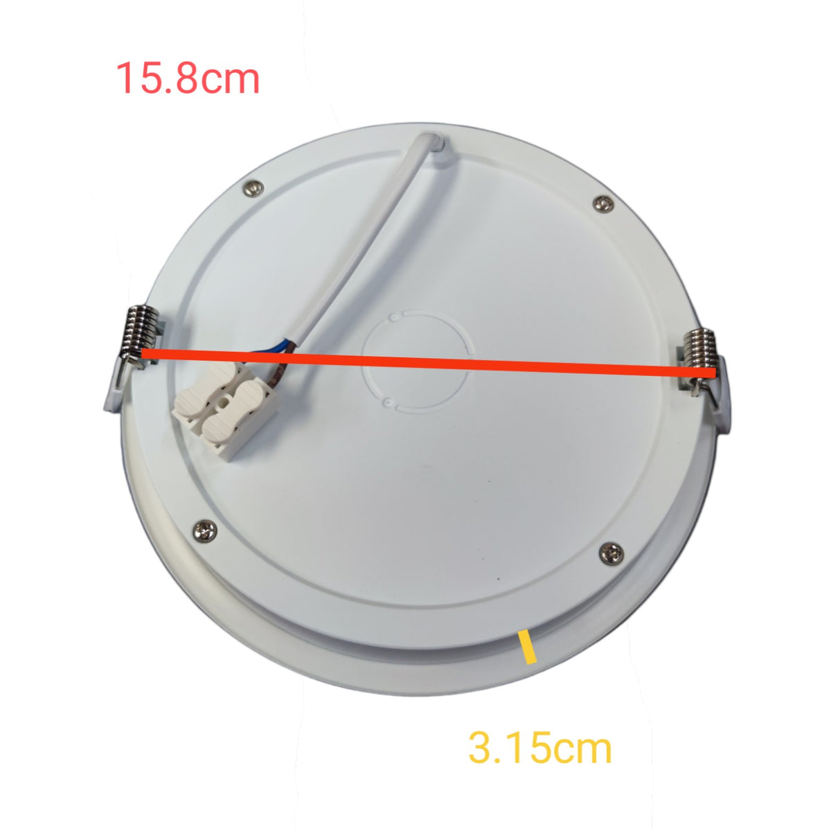 Round light fixture with measurements on a white background