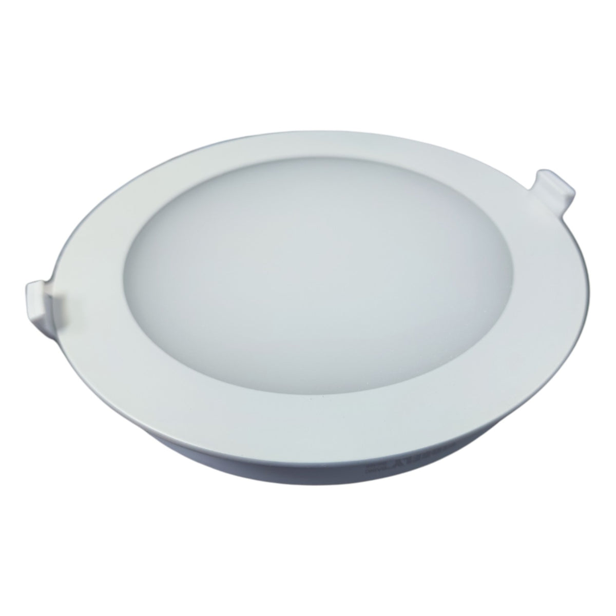 Round white LED downlight on a white background
