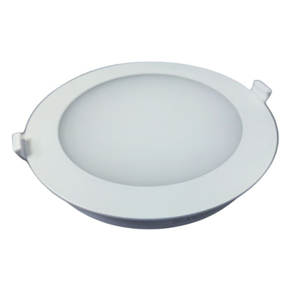 Round white LED downlight on a white background