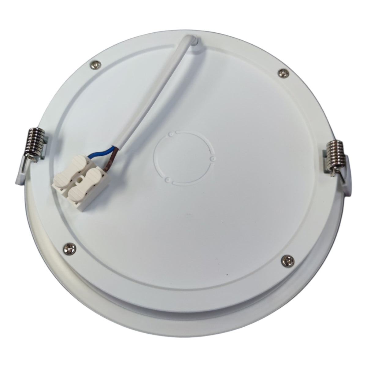Round white LED downlight with visible wiring on a white background