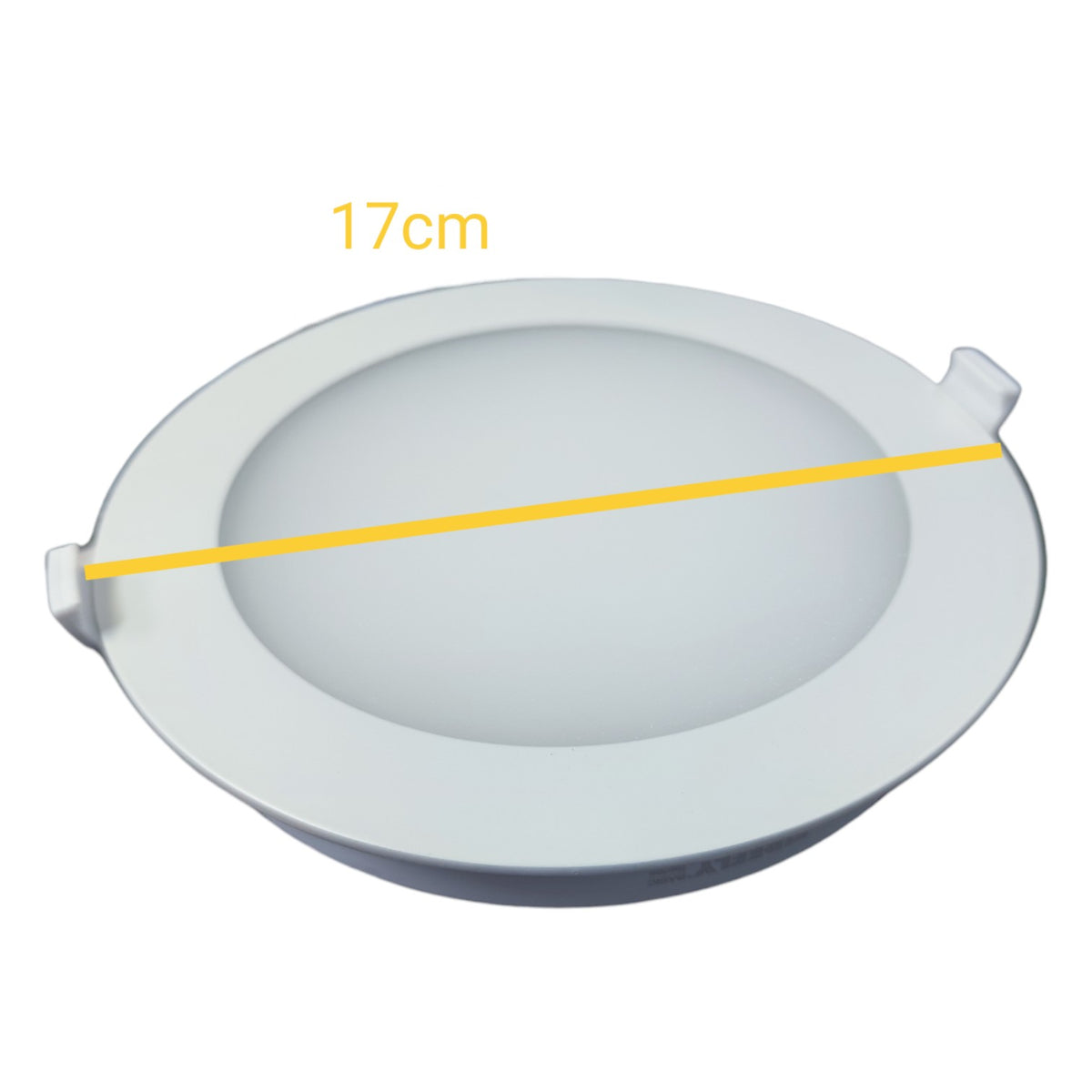Round white object with a yellow line indicating a measurement of 17cm on a white background