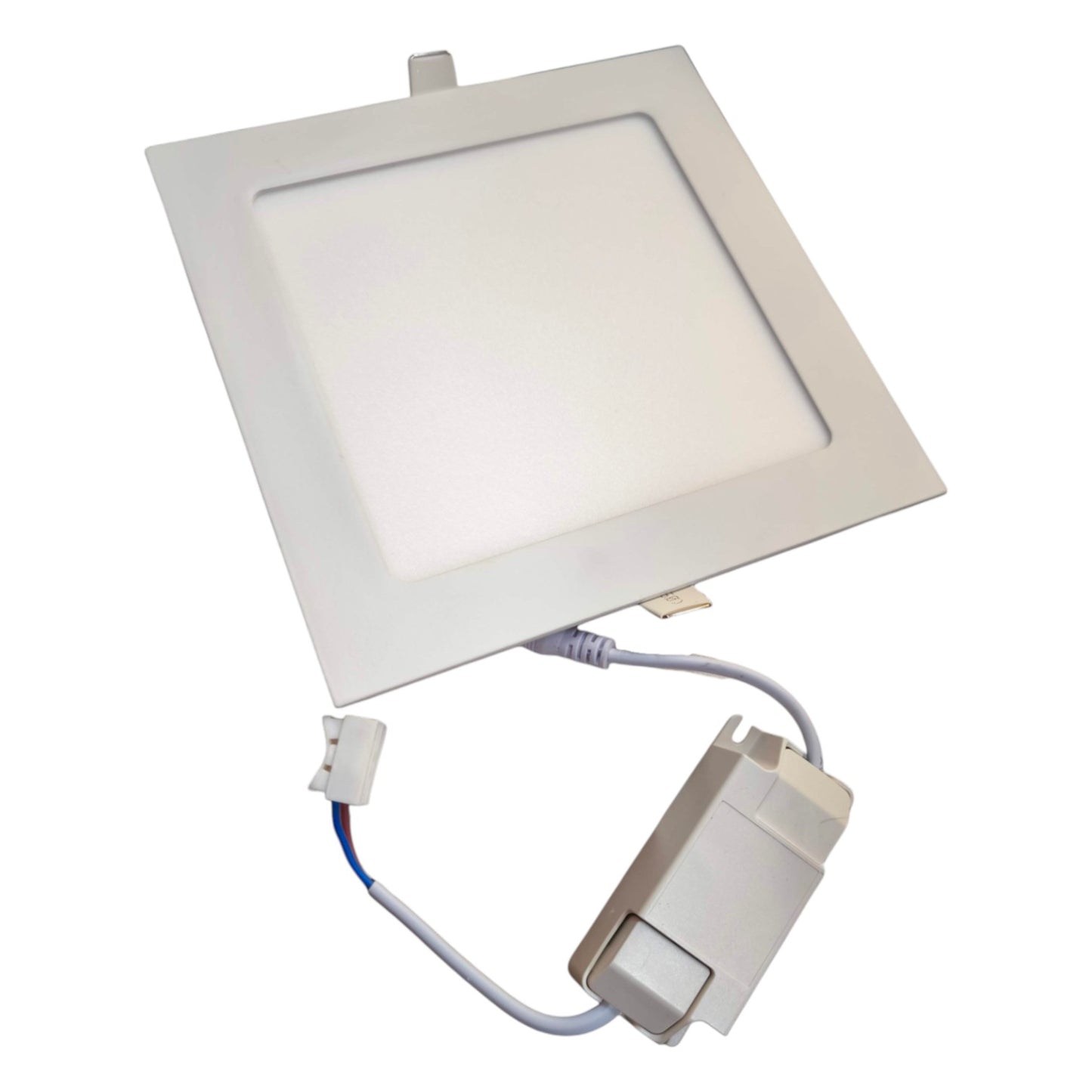 Square recessed ceiling light with wiring on a white background