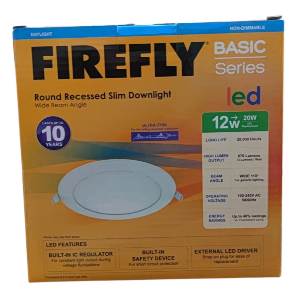 Firefly Basic Series LED round recessed slim downlight packaging on a white background