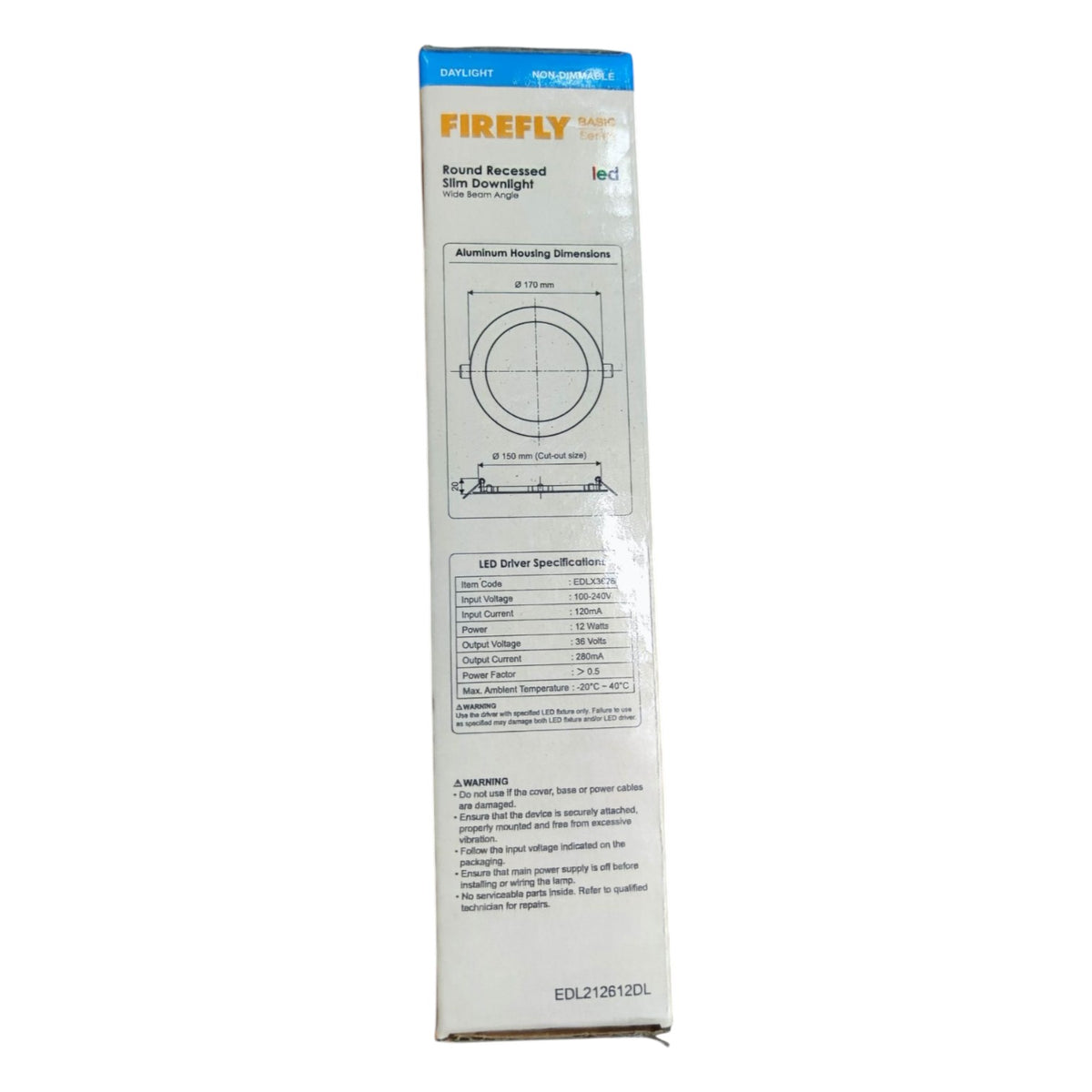 Firefly round recessed light fixture packaging on a white background