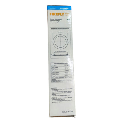 Firefly round recessed light fixture packaging on a white background