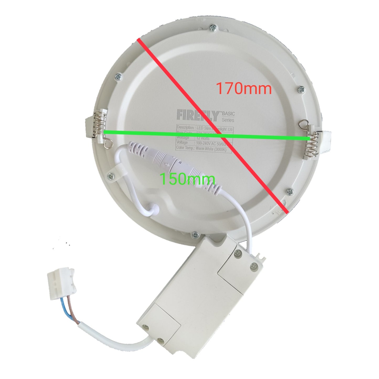 Round ceiling light fixture with measurements on a white background