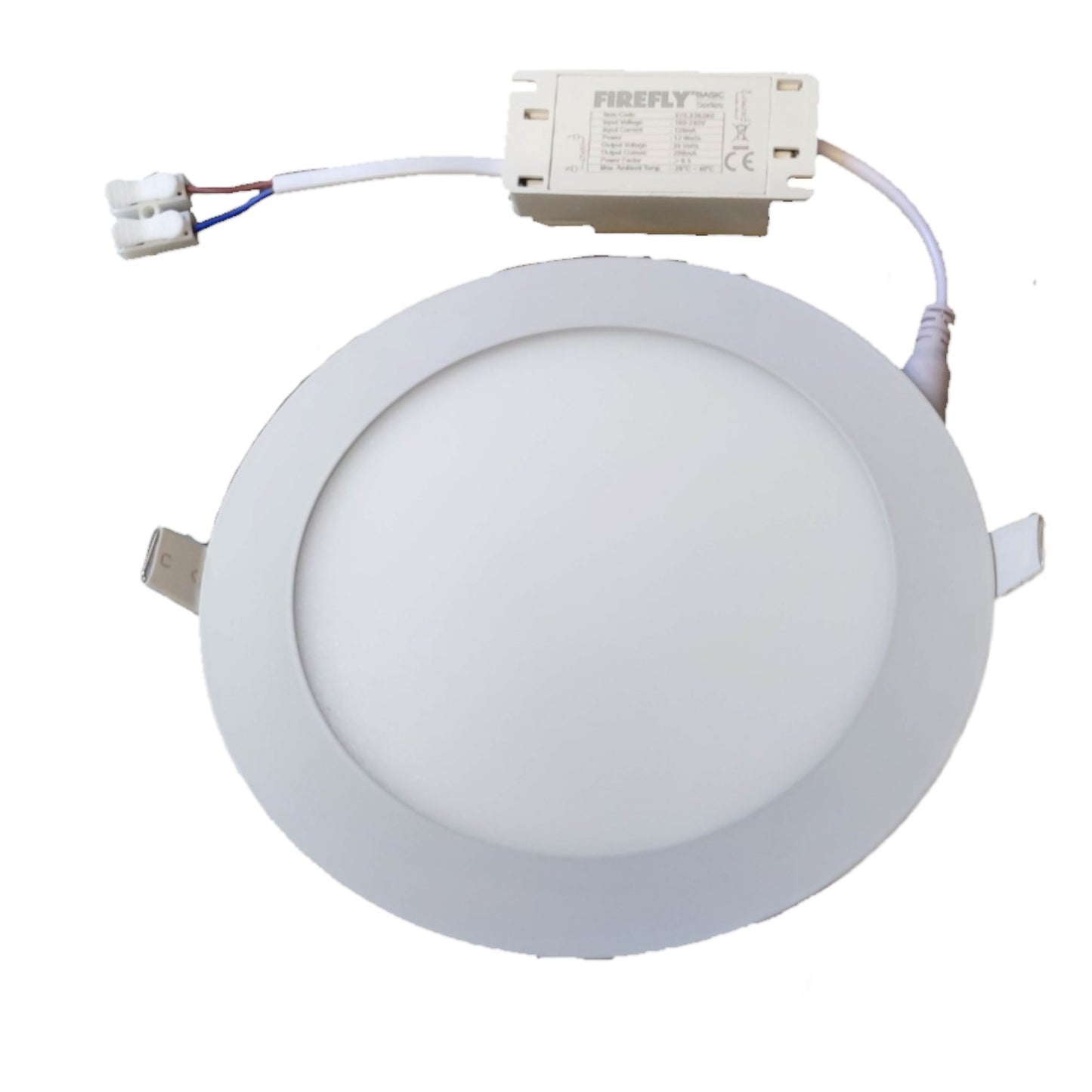 Round LED downlight with Firefly brand driver on a white background