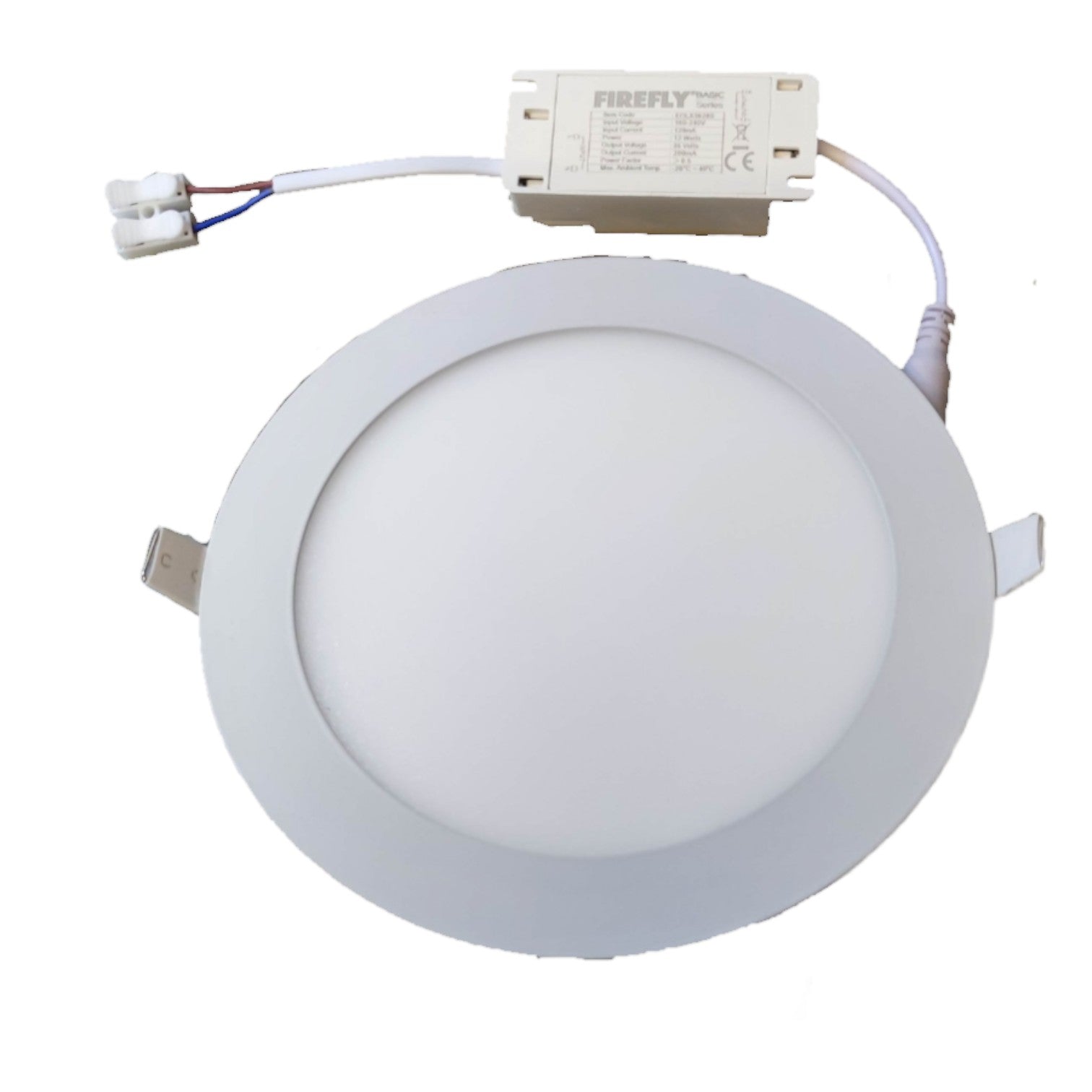 Round LED downlight with Firefly brand driver on a white background