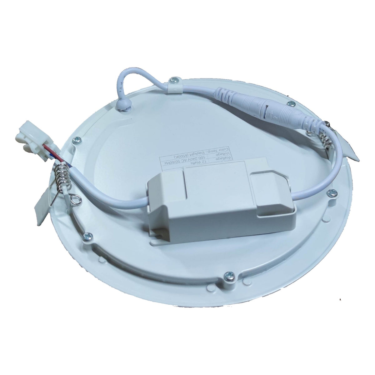 Round white LED light fixture with wiring on a white background