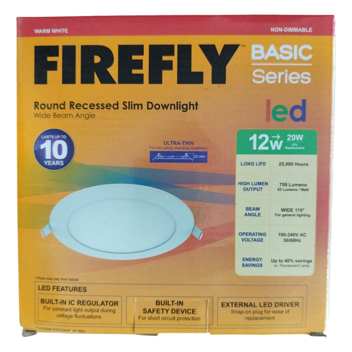 Box of Firefly Basic Series LED round recessed slim downlight with specifications on a white background