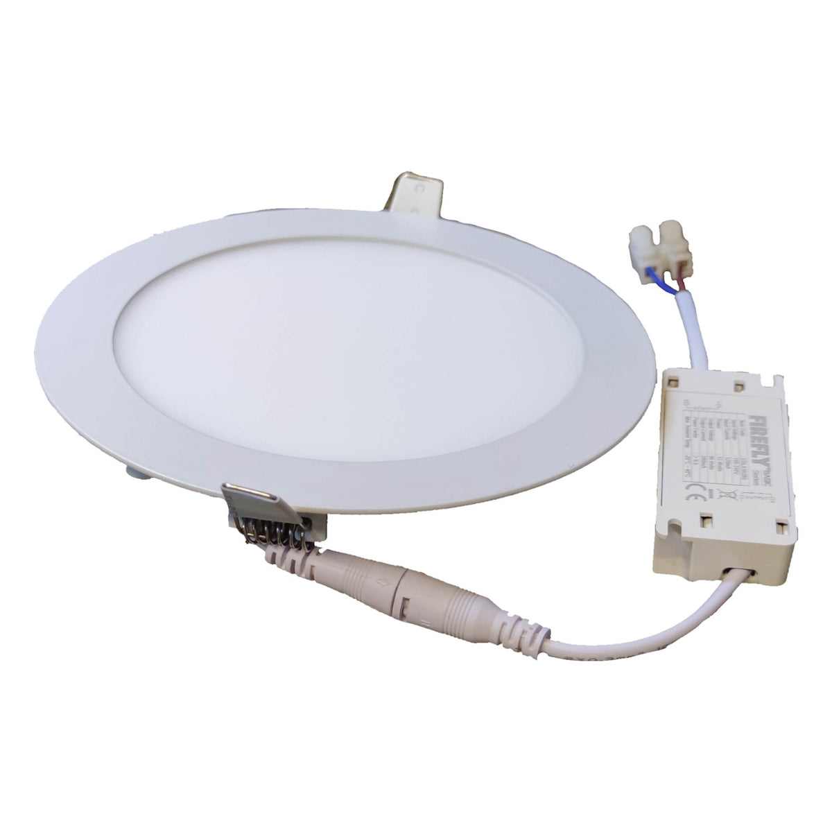 Round LED downlight with wiring and junction box on a white background