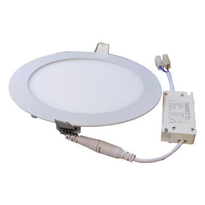 Round LED downlight with wiring and junction box on a white background