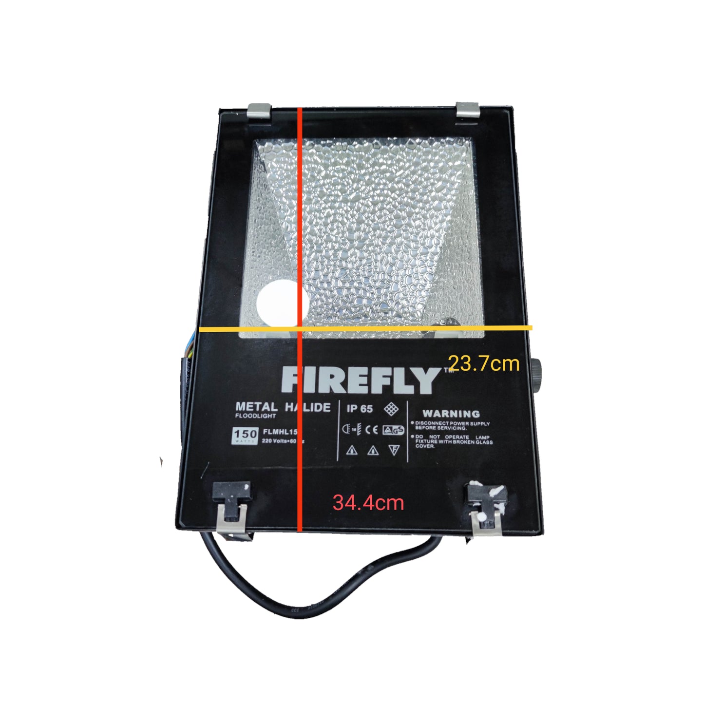 Firefly metal halide light fixture with dimensions on a white background