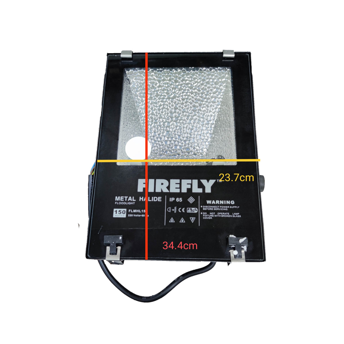 Firefly metal halide light fixture with dimensions on a white background