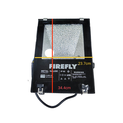 Firefly metal halide light fixture with dimensions on a white background