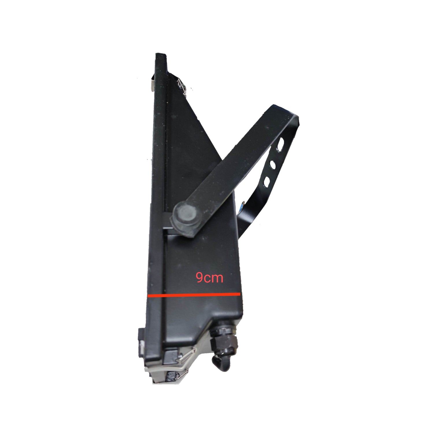 Black metal tool with a red measurement label on a white background