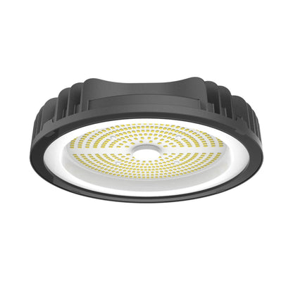A circular LED light fixture with a black ribbed outer housing and a white inner reflector containing a ring of yellow LED chips, shown against a plain white background.
