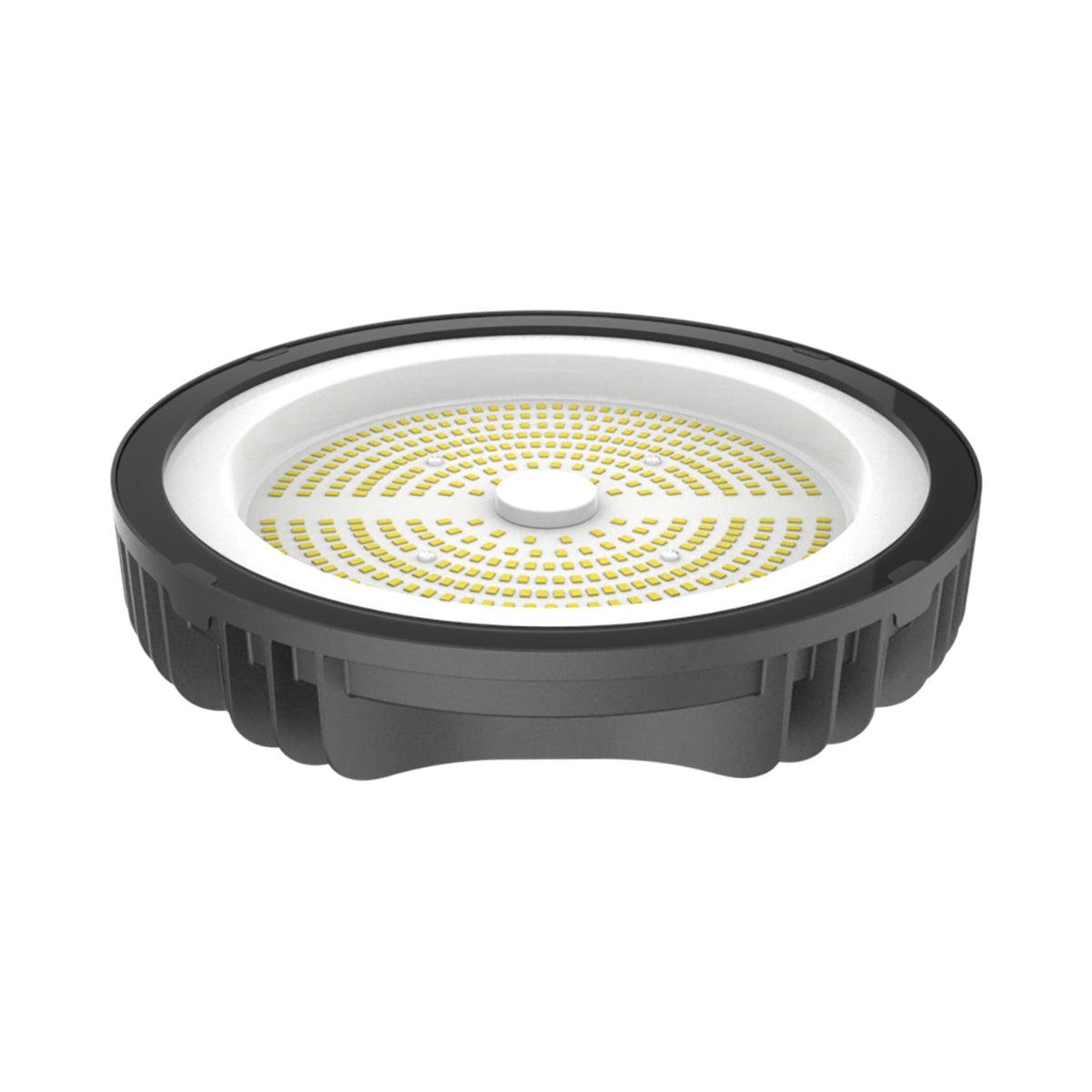 A circular LED light fixture with a black outer frame, white inner ring, and a yellow-gold array of small LED chips on a white background.