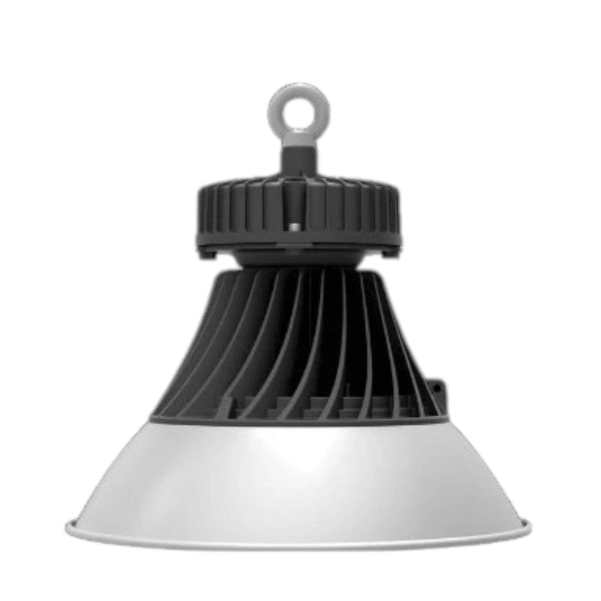 A high-bay industrial LED pendant light with a ribbed black top housing a hanging loop and a wide, flared white-to-light-gray shade with a ribbed center.