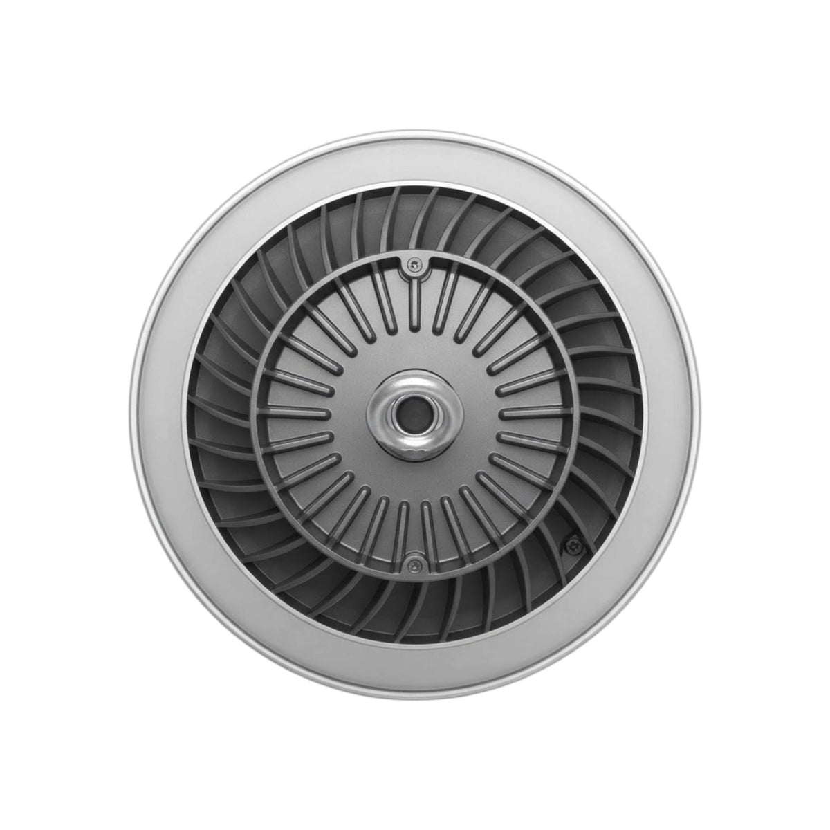 A circular metallic fan or vent component with a silver outer rim and a dark gray ribbed inner structure, shown against a plain white background.