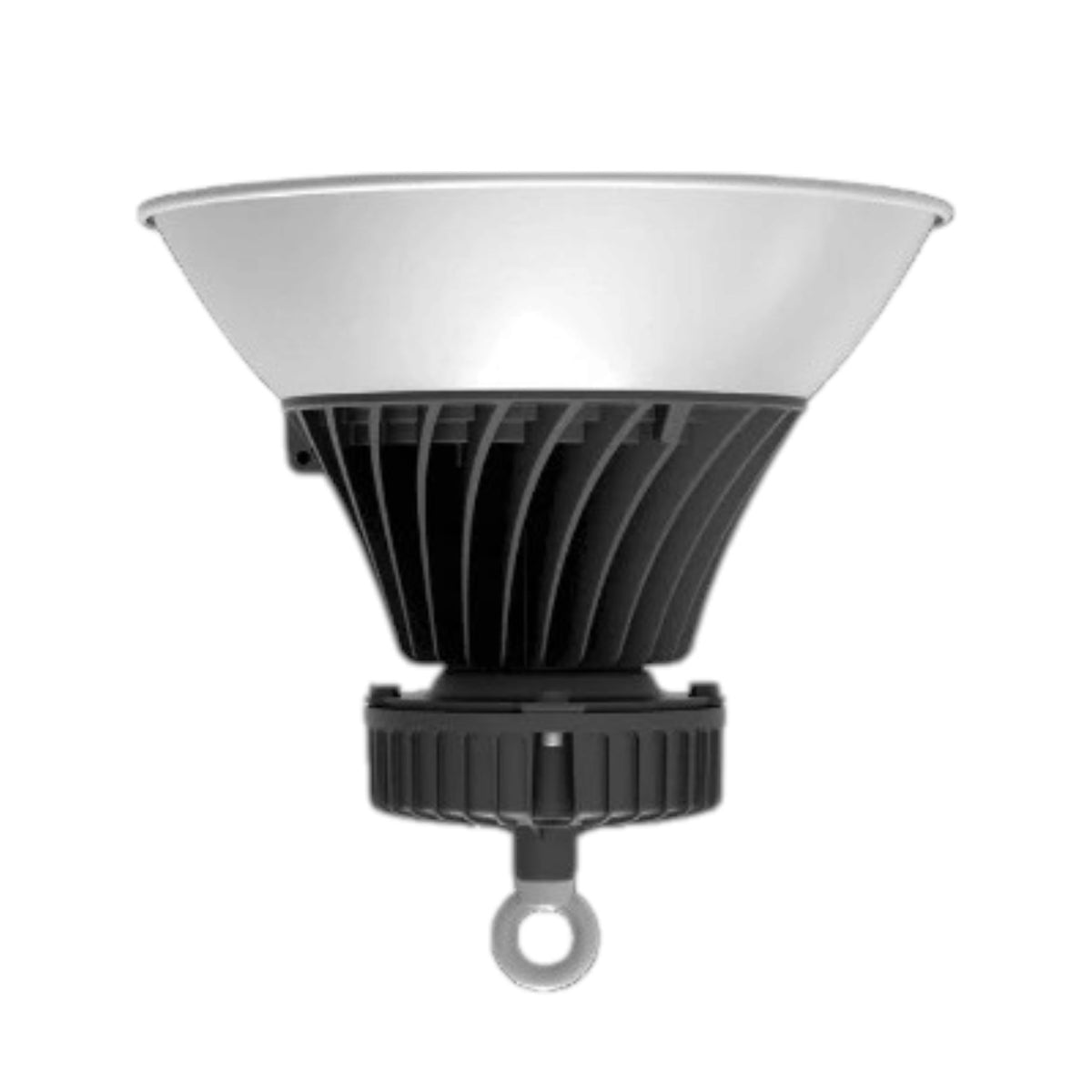A high-bay industrial LED light fixture with a white reflective dome, a black ribbed heat sink, and a mounting ring at the bottom, shown against a plain white background.