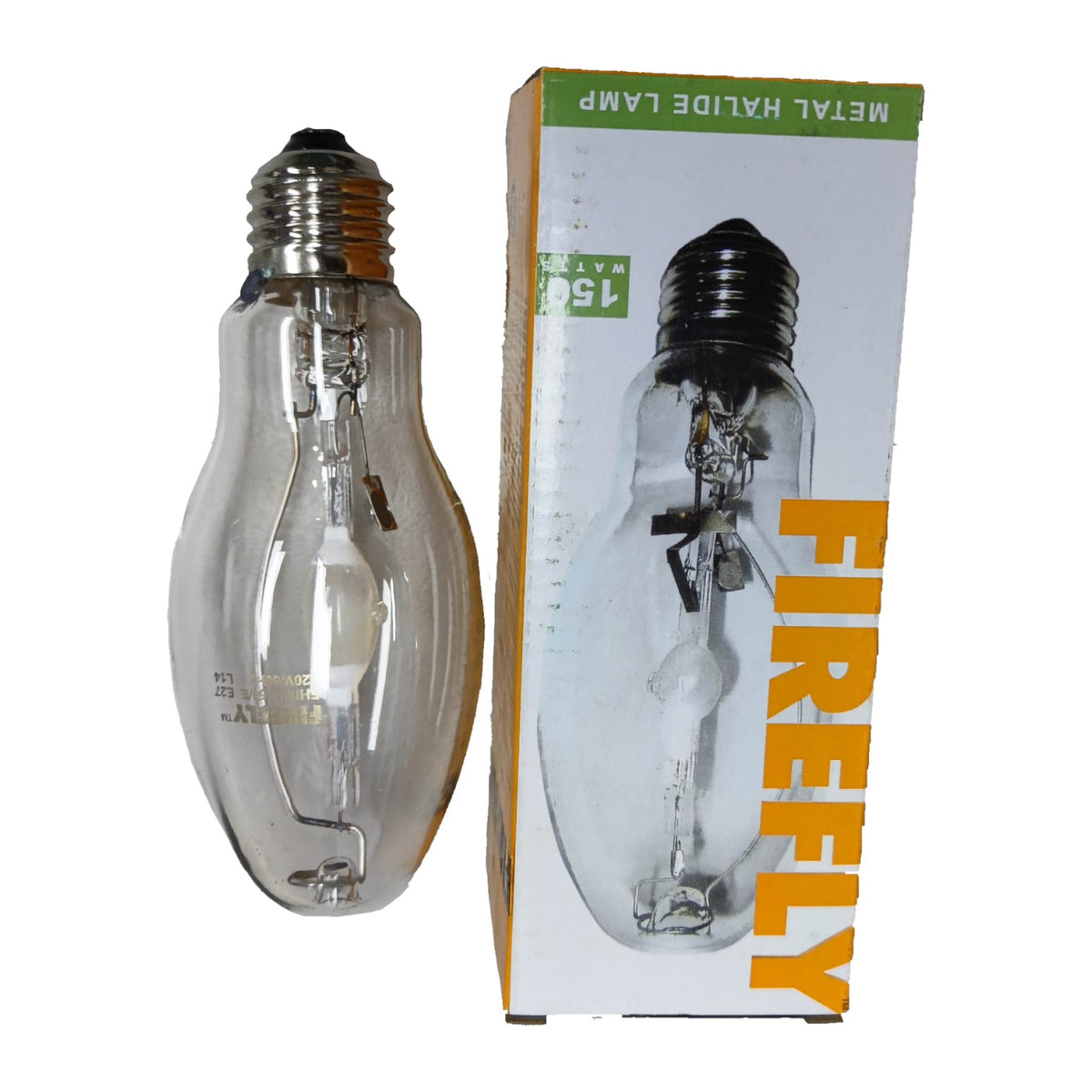 Clear light bulb with packaging labeled 'Firefly' on a white background