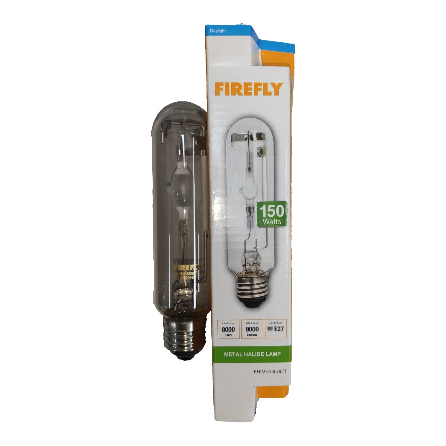 Firefly metal halide lamp packaging with bulb on a white background