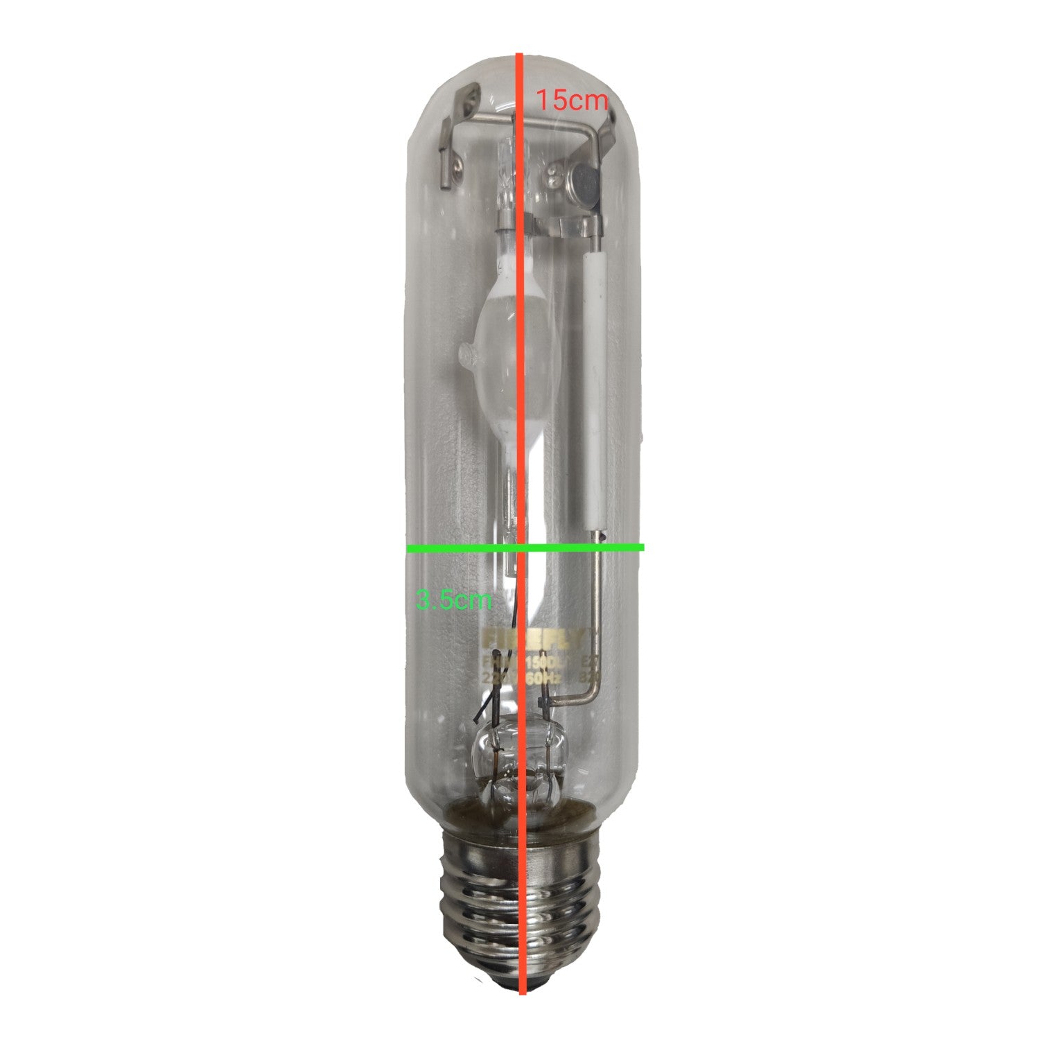 Clear light bulb with measurements on a white background