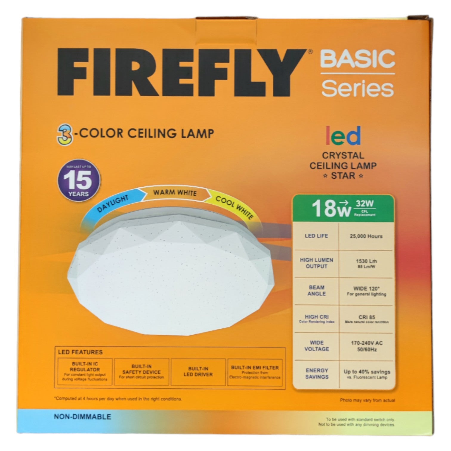 Firefly Basic Series 3-color ceiling lamp packaging with product details on an orange background