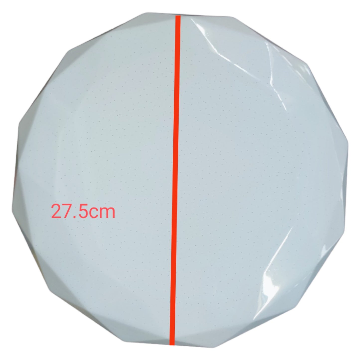 White octagonal object with a red line and measurement '27.5cm' on a white background