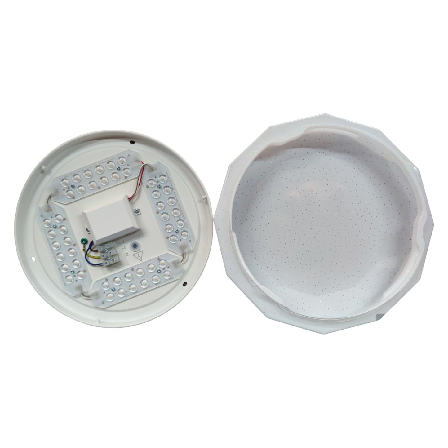 LED light fixture with electronic components on a white background