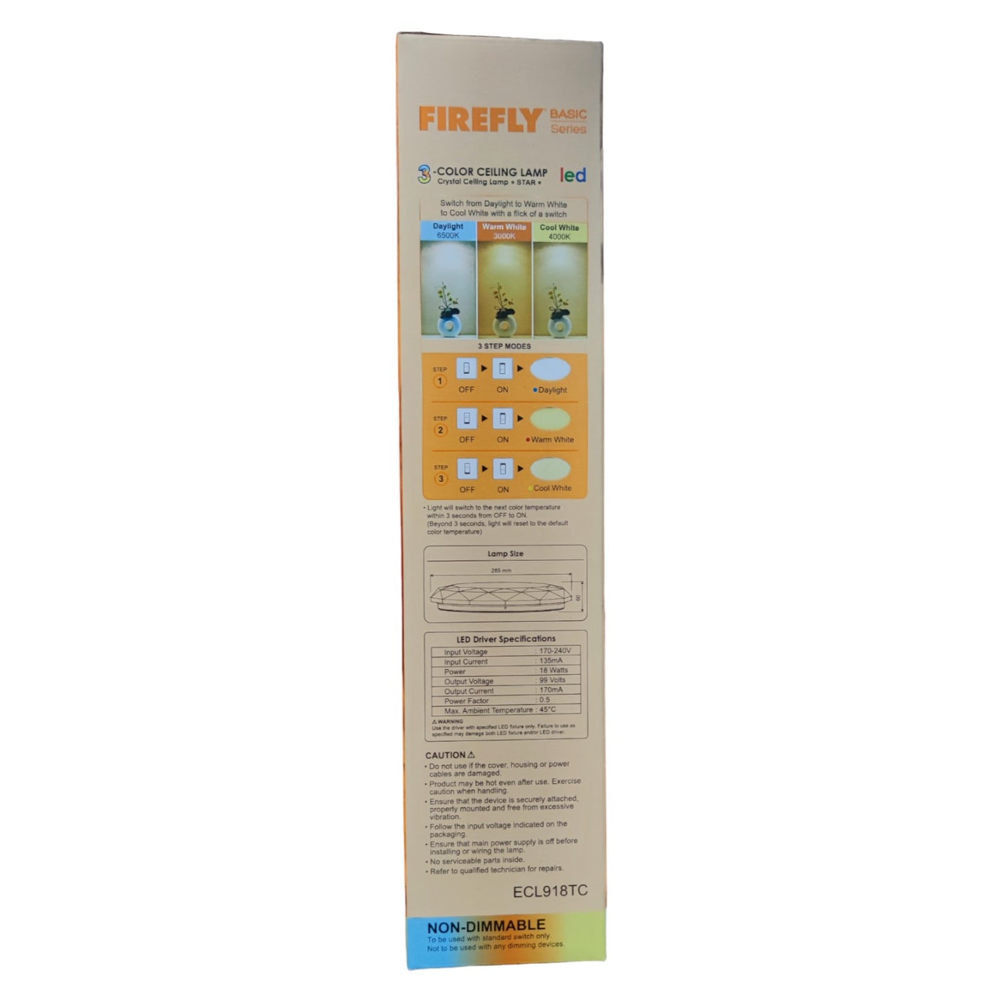 Firefly LED color ceiling lamp packaging on a white background