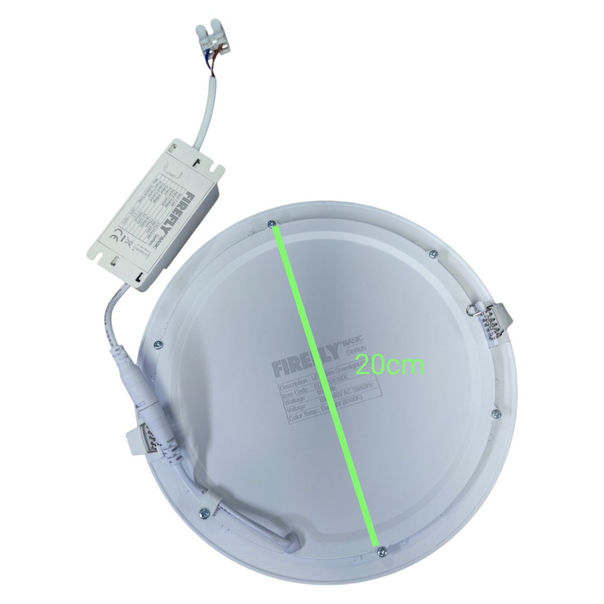 Round LED panel light with driver and measurement label on a white background