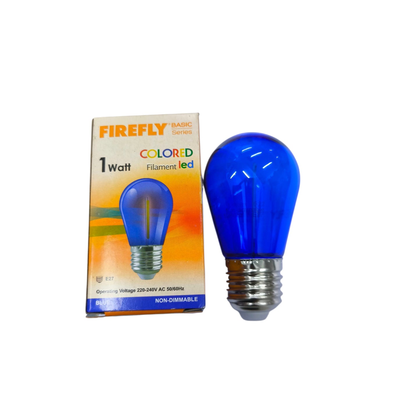 Blue light bulb with packaging labeled 'Firefly' on a white background
