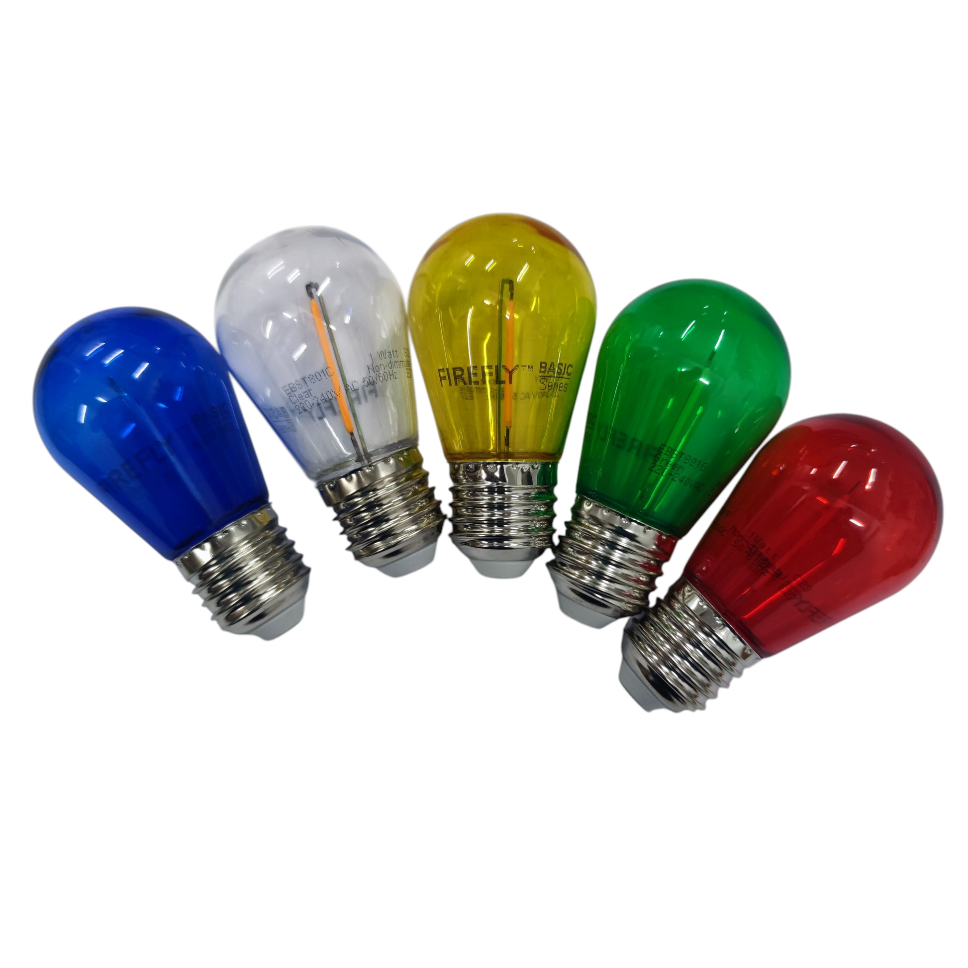 Five colorful light bulbs (blue, yellow, green, red) on a white background