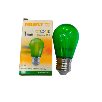 Green LED bulb with packaging labeled 'Firefly' on a white background