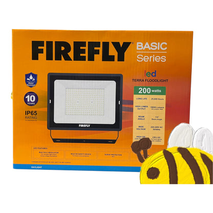 Firefly Basic Series LED floodlight packaging with a toy bee on a white background