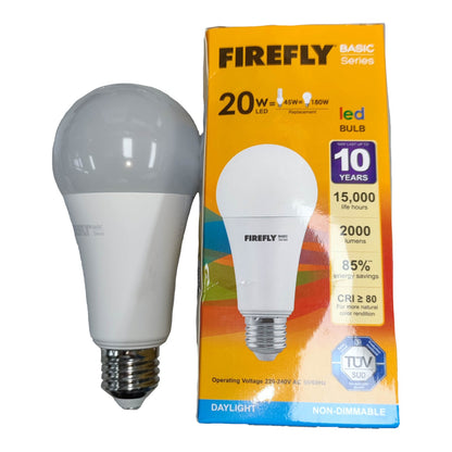 Firefly LED bulb and packaging on a white background