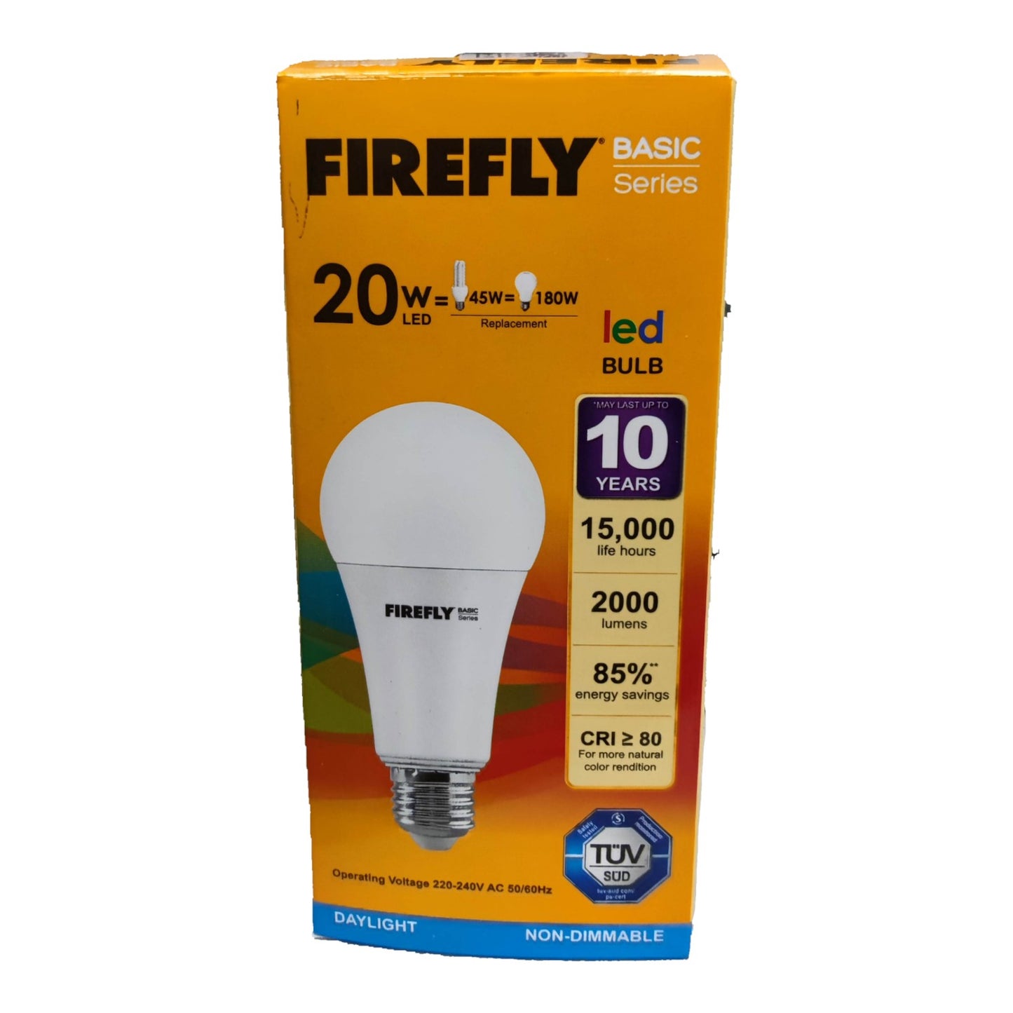 Firefly LED bulb packaging with product details on a white background