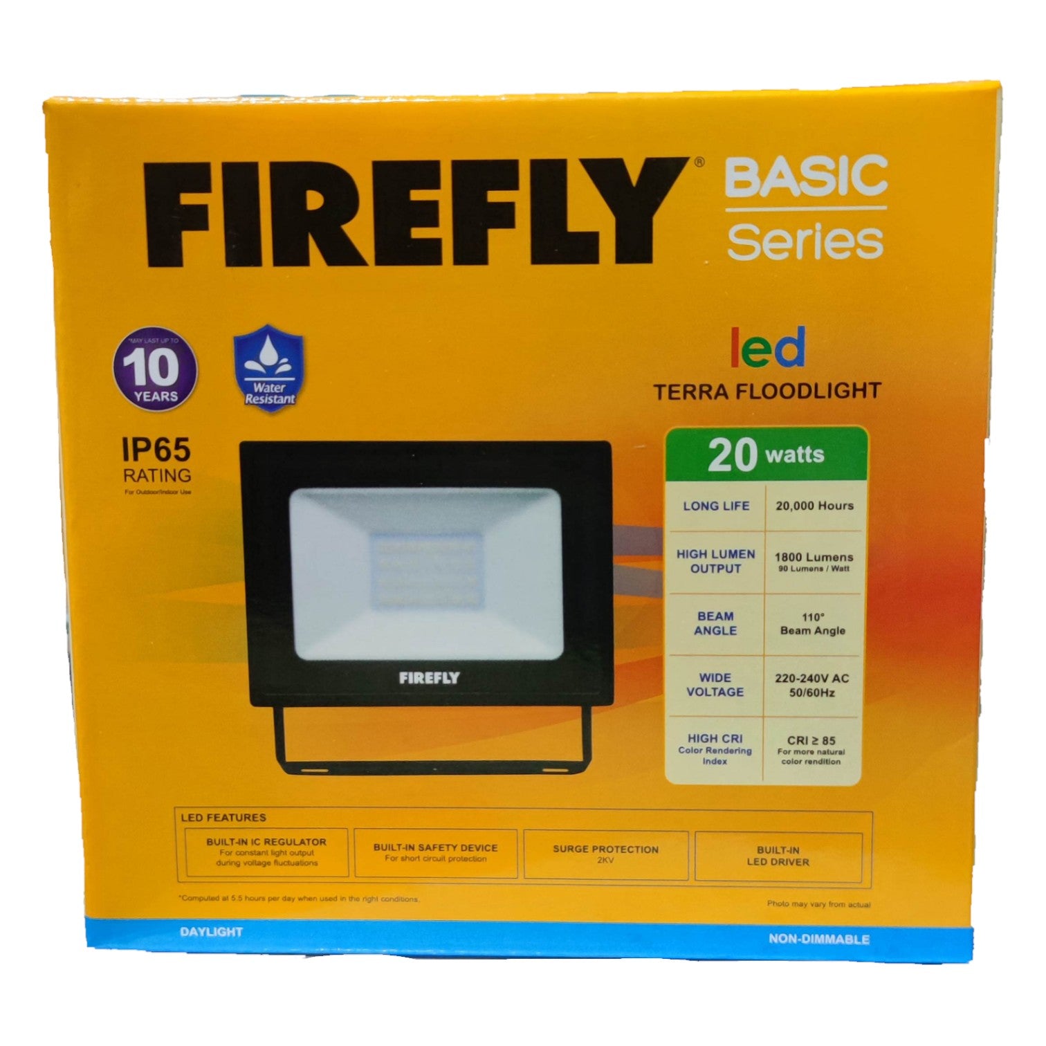 Firefly LED floodlight packaging with specifications on a white background